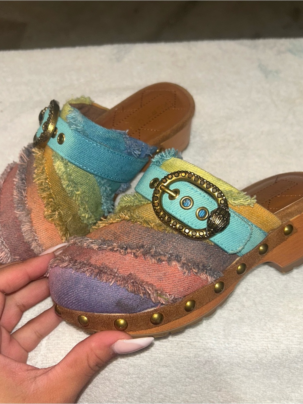 Kurt Geiger Pastel Rainbow Fringed Clog Sandals